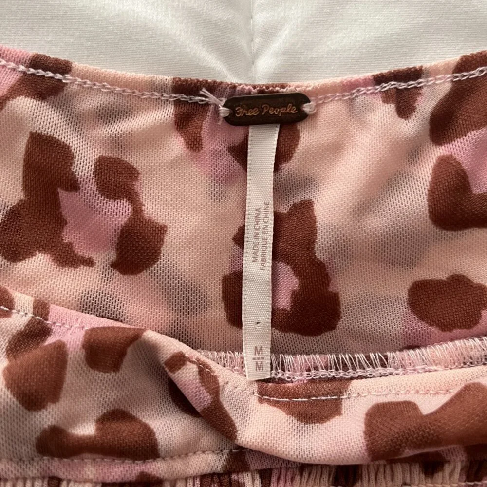 Free People Meg's Blouse Pink Leopard Cropped Mesh Pleated Safari Boho Chic M